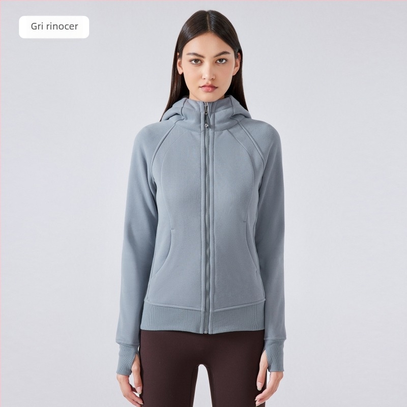 Jachetă sport pentru femei cu glugă, iarnă – țesătură din bumbac amestec, guler înalt, mâneci lungi, DJ028