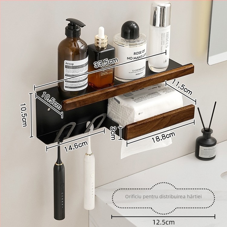 Suport pentru periuțe de dinți, montaj pe perete, fără găuri, aluminiu Space + lemn solid, cu suport pentru paharul de gură și suport pentru prosoape de hârtie, marca Darxinee