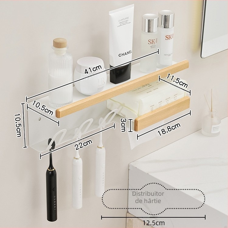 Suport pentru periuțe de dinți, montaj pe perete, fără găuri, aluminiu Space + lemn solid, cu suport pentru paharul de gură și suport pentru prosoape de hârtie, marca Darxinee