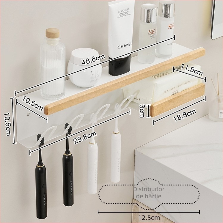Suport pentru periuțe de dinți, montaj pe perete, fără găuri, aluminiu Space + lemn solid, cu suport pentru paharul de gură și suport pentru prosoape de hârtie, marca Darxinee