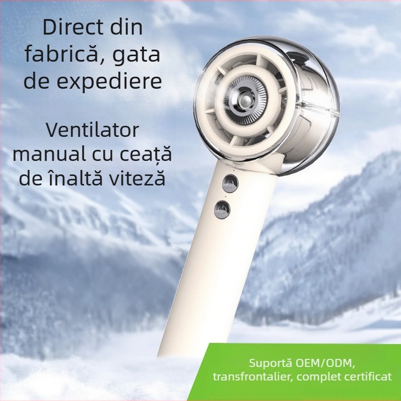 Ventilator de mână cu funcție de ceață, motor brushless, baterie încorporată 4000-6000 mAh, 4 trepte de viteză