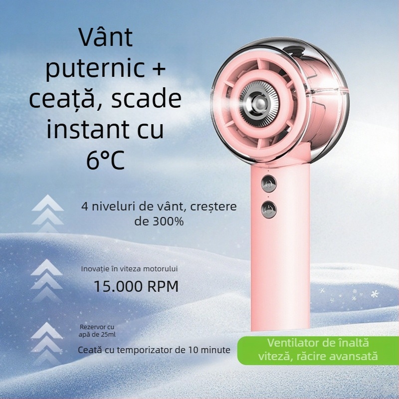 Ventilator de mână cu funcție de ceață, motor brushless, baterie încorporată 4000-6000 mAh, 4 trepte de viteză