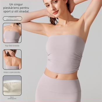 Top tubular fără bretele, cupe complete, din material antibacterian nude, pentru alergare și fitness, cupe turnate subțiri