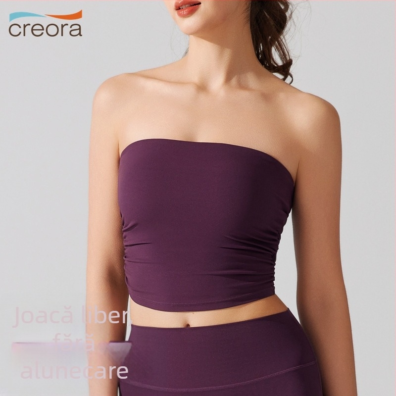 Top tubular fără bretele, cupe complete, din material antibacterian nude, pentru alergare și fitness, cupe turnate subțiri