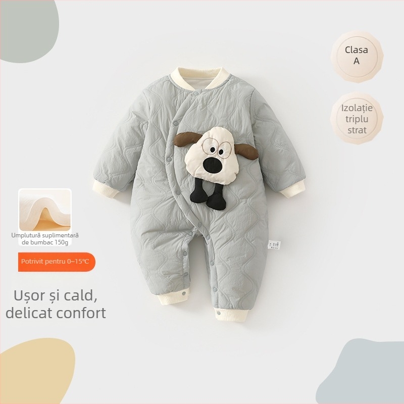 Salopetă pentru bebeluți – pentru cățărare (crawling) – exterior din nylon gros, căptușeală din bumbac, mâneci lungi, închidere cu nasturi diagonali pe față, pentru iarnă și toamnă, unisex, nou-născuți 0–12 luni