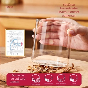 Recipient cilindric din sticlă borosilikată de înaltă puritate pentru depozitarea supei, cu logo imprimat și opțiune de personalizare