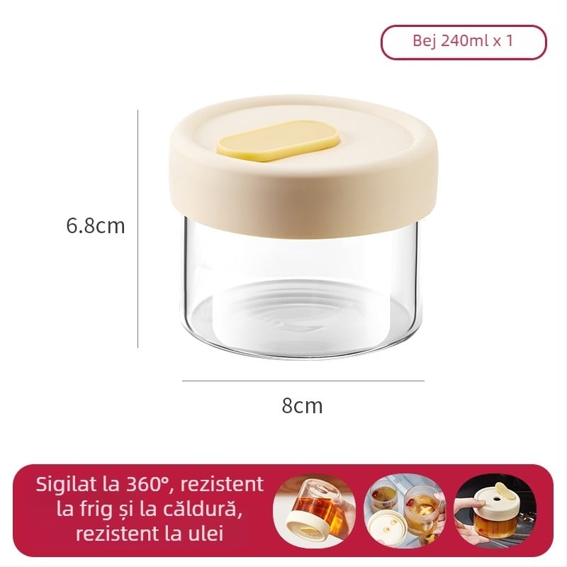 Recipient cilindric din sticlă borosilikată de înaltă puritate pentru depozitarea supei, cu logo imprimat și opțiune de personalizare