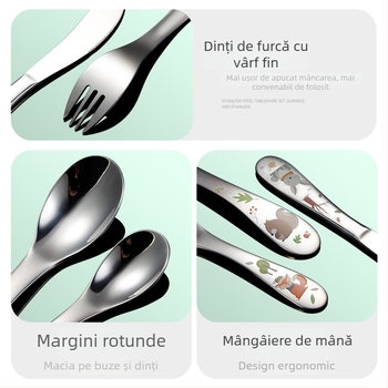 Set tacâmuri pentru copii — oțel inoxidabil 304, model desen animat, finisaj oglindit, potrivit pentru copii
