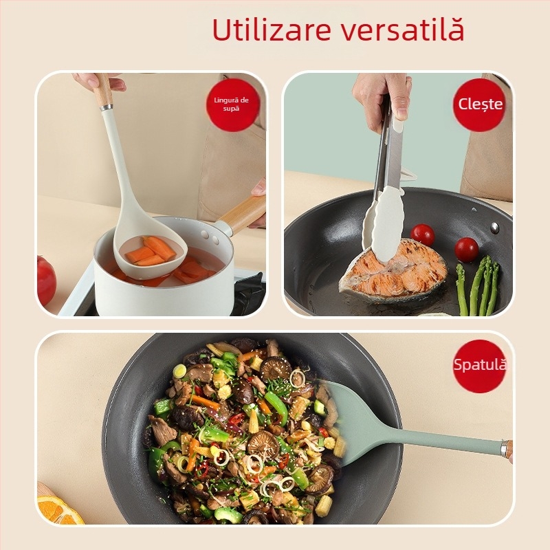 Set spatule din silicon cu mâner din lemn, rezistent la temperaturi înalte, antiaderent
