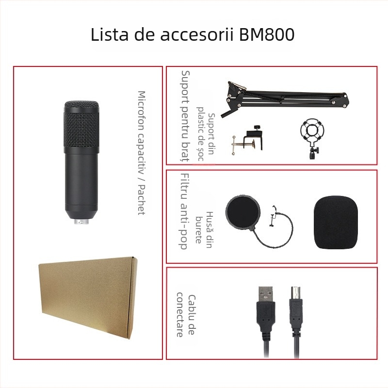 Microfon USB pentru calculator BM700/BM800 pentru live streaming și gaming, fără fir, pickup hiperkardioidal, 20Hz-20kHz, SNR ≥85dB, 1.5-5V