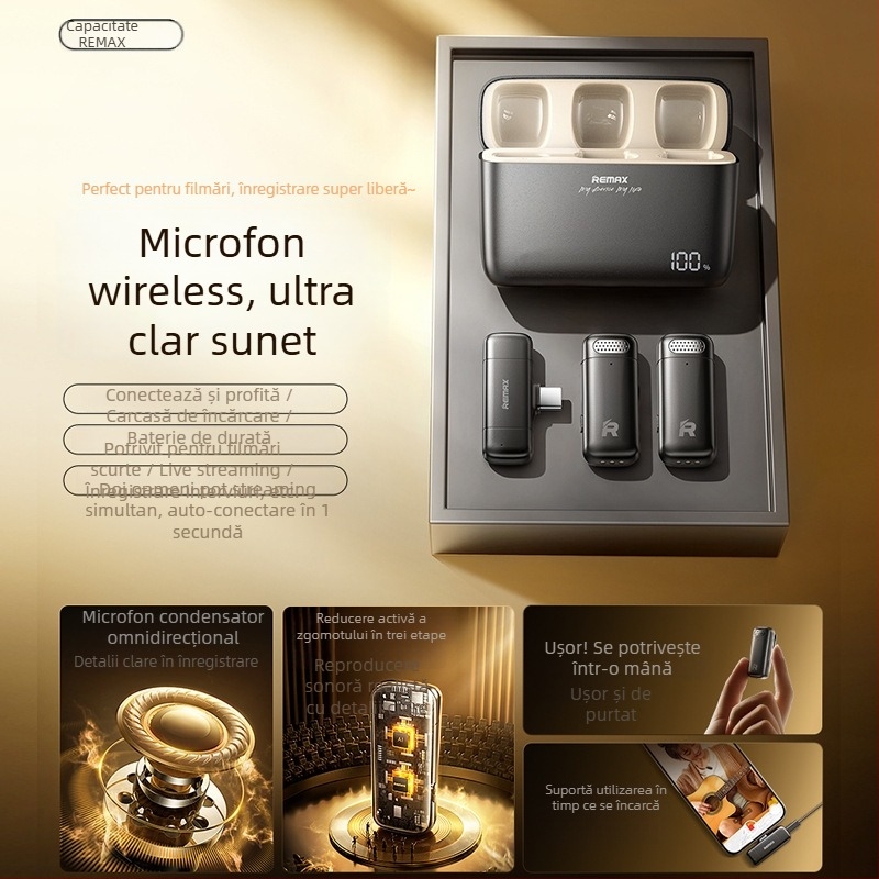 REMAX Sistem de microfoane wireless dual-channel pentru transmisii live, microfon cu clips pentru rever, Bluetooth 5.3, baterie încorporată 100–300 mAh, autonomie 1–3 h, SNR < 60 dB, Model k13/k15