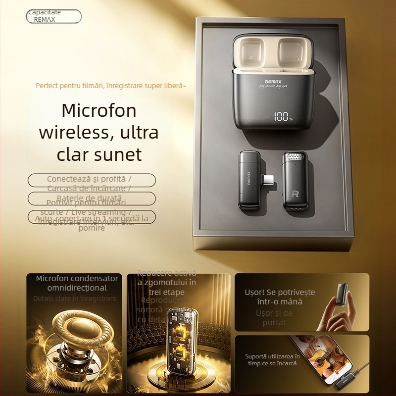 REMAX Sistem de microfoane wireless dual-channel pentru transmisii live, microfon cu clips pentru rever, Bluetooth 5.3, baterie încorporată 100–300 mAh, autonomie 1–3 h, SNR < 60 dB, Model k13/k15