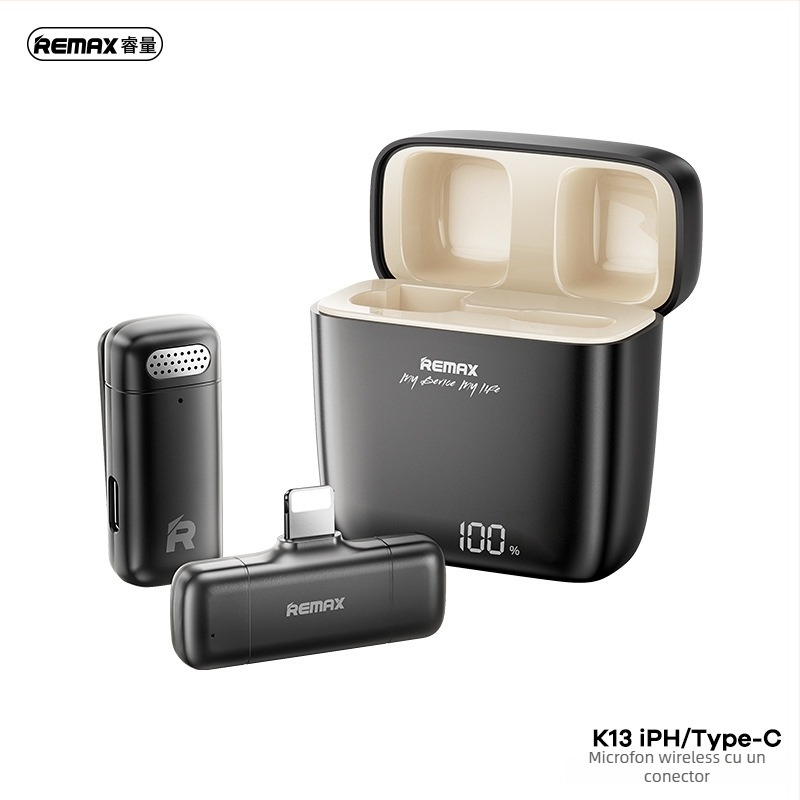 REMAX Sistem de microfoane wireless dual-channel pentru transmisii live, microfon cu clips pentru rever, Bluetooth 5.3, baterie încorporată 100–300 mAh, autonomie 1–3 h, SNR < 60 dB, Model k13/k15