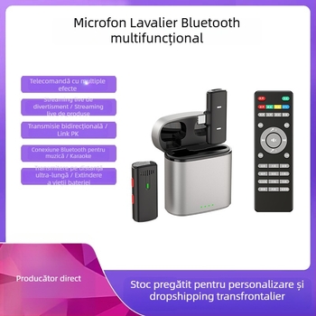Mikrofón lavalier cu husă de încărcare pentru streaming live – Bluetooth 5.0, baterie încorporată, răspuns în frecvență 20 Hz–20 kHz, SNR ≥60 dB, durată de viață a bateriei 6–8 ore.