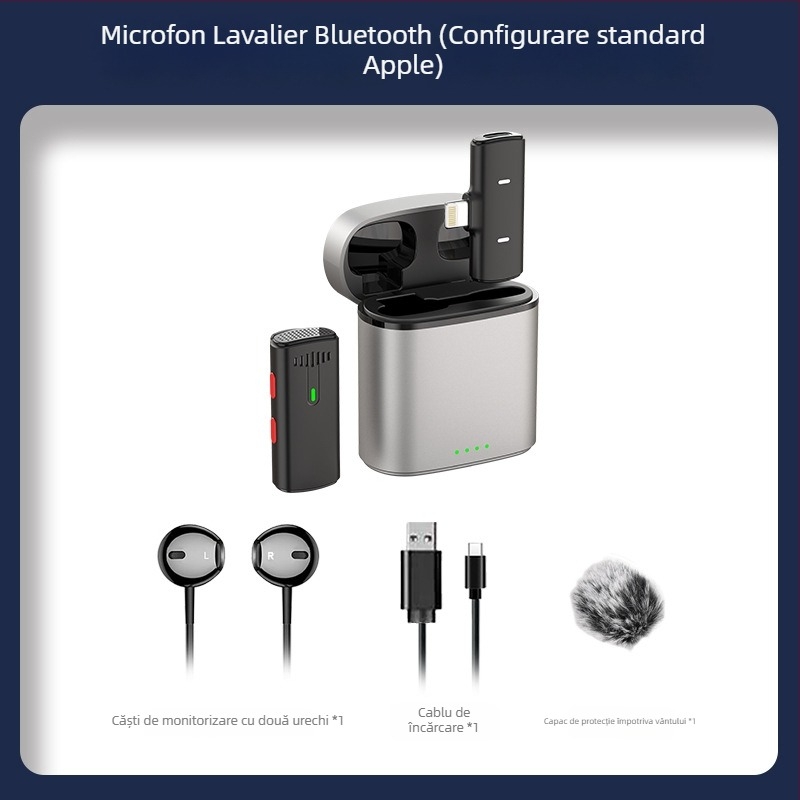 Mikrofón lavalier cu husă de încărcare pentru streaming live – Bluetooth 5.0, baterie încorporată, răspuns în frecvență 20 Hz–20 kHz, SNR ≥60 dB, durată de viață a bateriei 6–8 ore.