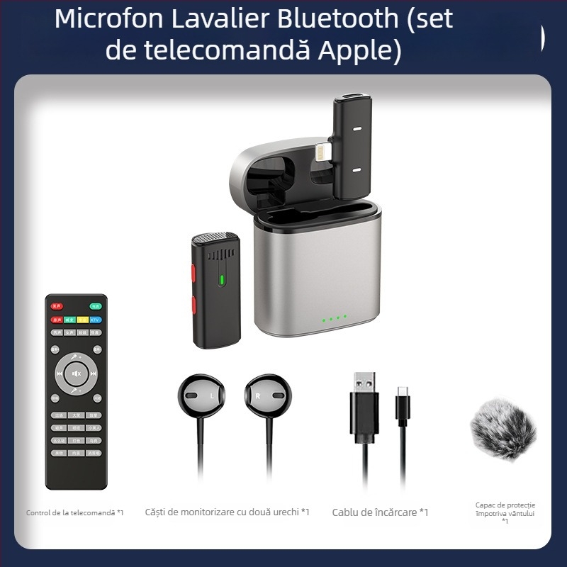 Mikrofón lavalier cu husă de încărcare pentru streaming live – Bluetooth 5.0, baterie încorporată, răspuns în frecvență 20 Hz–20 kHz, SNR ≥60 dB, durată de viață a bateriei 6–8 ore.