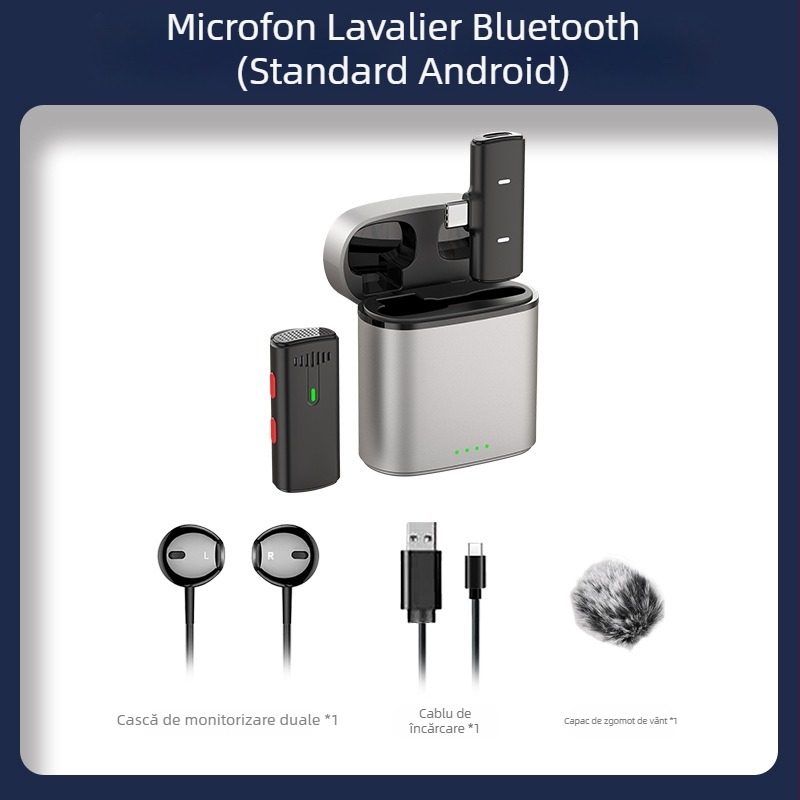 Mikrofón lavalier cu husă de încărcare pentru streaming live – Bluetooth 5.0, baterie încorporată, răspuns în frecvență 20 Hz–20 kHz, SNR ≥60 dB, durată de viață a bateriei 6–8 ore.