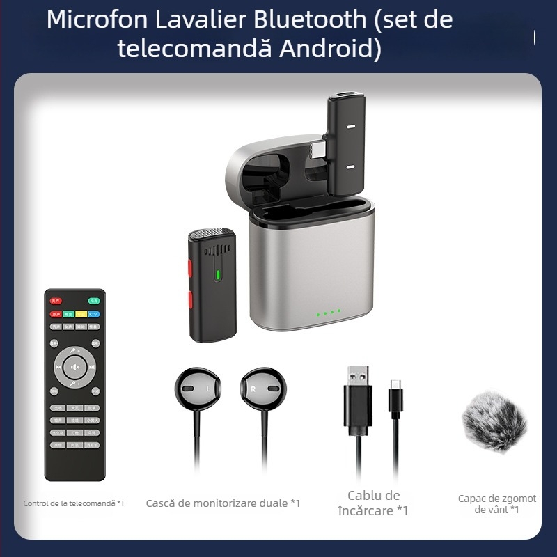 Mikrofón lavalier cu husă de încărcare pentru streaming live – Bluetooth 5.0, baterie încorporată, răspuns în frecvență 20 Hz–20 kHz, SNR ≥60 dB, durată de viață a bateriei 6–8 ore.