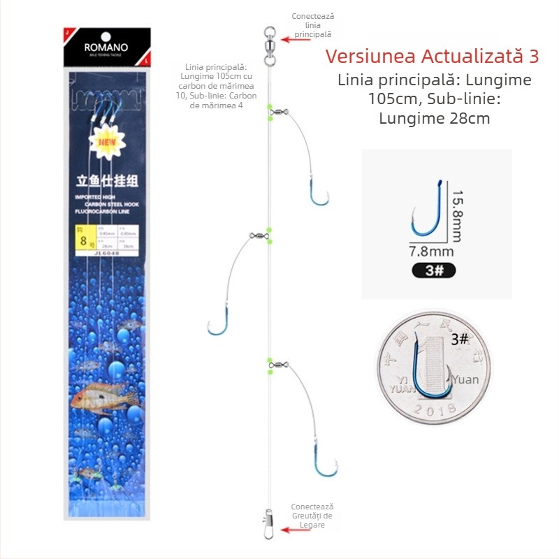 Romano cârlig cu sfoară Nr. 6, cu barbă, pescuit marin din barcă