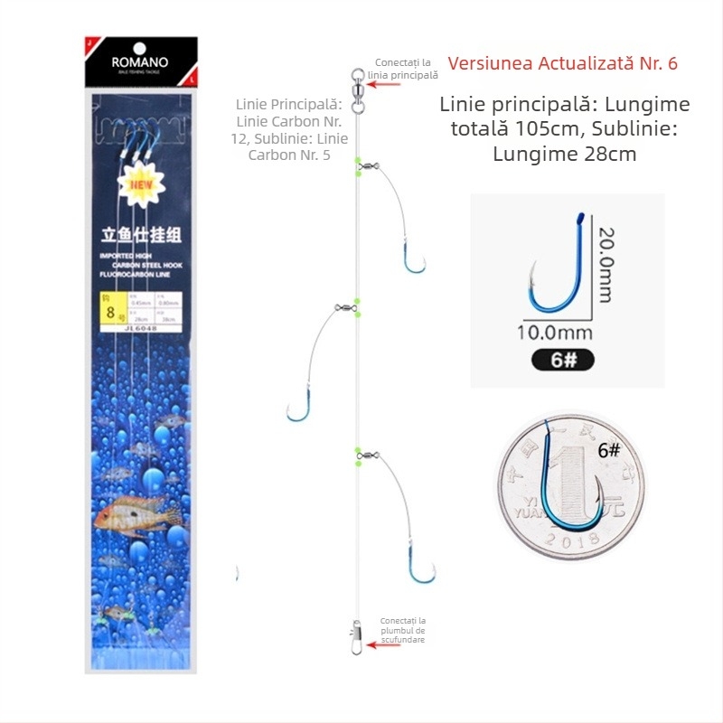 Romano cârlig cu sfoară Nr. 6, cu barbă, pescuit marin din barcă