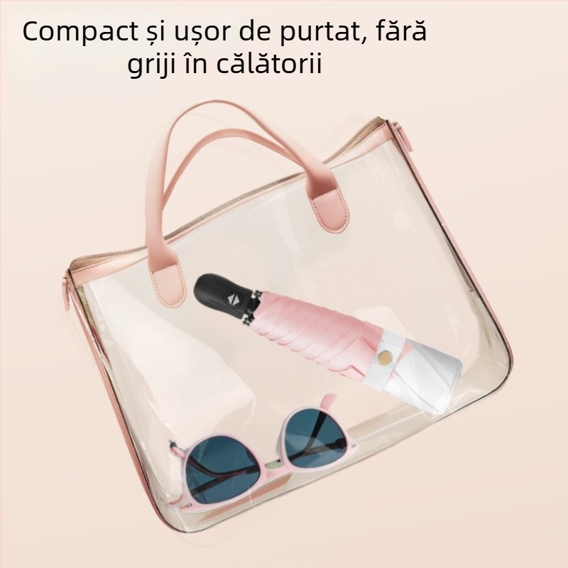 Umbrelă pliantă ultra-ușoară, deschidere automată, închidere semi-automată, cadru din aliaj cu 6 brațe, ax din oțel, țesătură 30D cu acoperire lipită