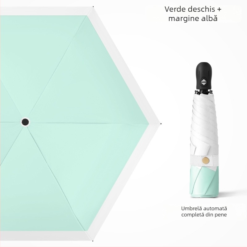 Umbrelă pliantă ultra-ușoară, deschidere automată, închidere semi-automată, cadru din aliaj cu 6 brațe, ax din oțel, țesătură 30D cu acoperire lipită