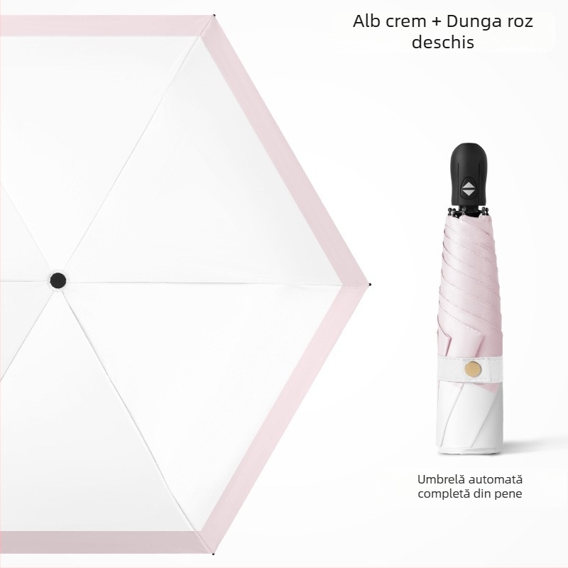 Umbrelă pliantă ultra-ușoară, deschidere automată, închidere semi-automată, cadru din aliaj cu 6 brațe, ax din oțel, țesătură 30D cu acoperire lipită