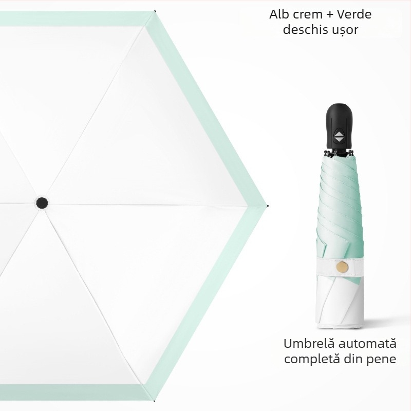 Umbrelă pliantă ultra-ușoară, deschidere automată, închidere semi-automată, cadru din aliaj cu 6 brațe, ax din oțel, țesătură 30D cu acoperire lipită