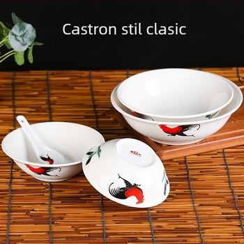 Bol de porțelan cu cocoș și model floral, formă rotundă, compatibil cu microunde, finisaj glazurat, calitate întâi