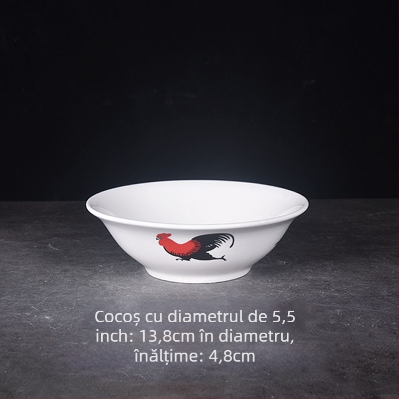 Bol de porțelan cu cocoș și model floral, formă rotundă, compatibil cu microunde, finisaj glazurat, calitate întâi