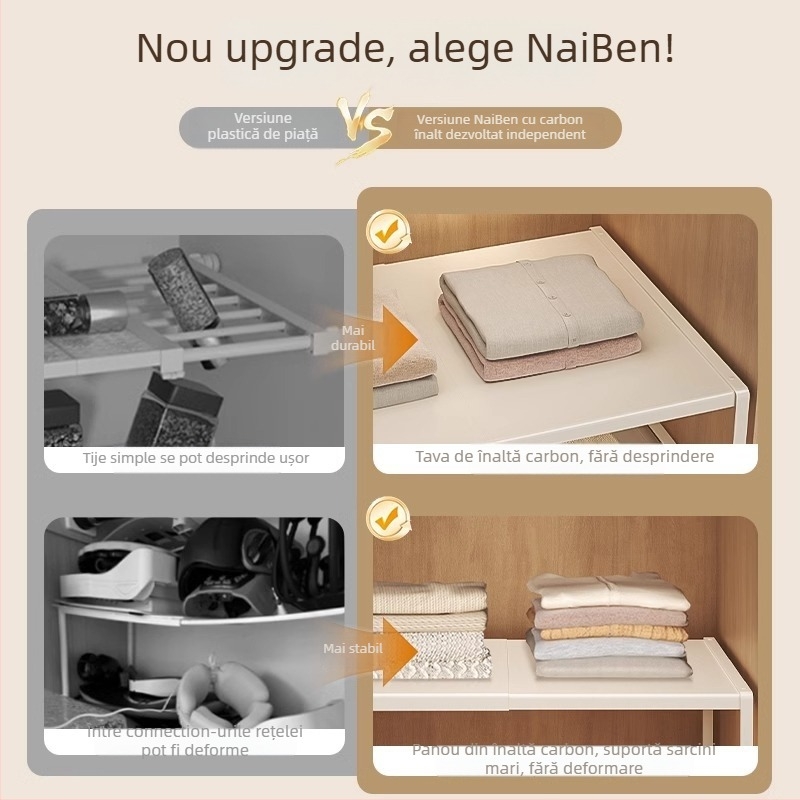 Raft de garderobă compartimentat pentru depozitare, din oțel-carbon, montaj fără găuri, stil modern minimalist, 1 nivel