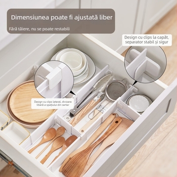 Organizator plastic pentru sertarul de bucătărie cu separator telescopic, stil japonez, 1 strat, instalare cu ventuză pe perete, Mai Qi