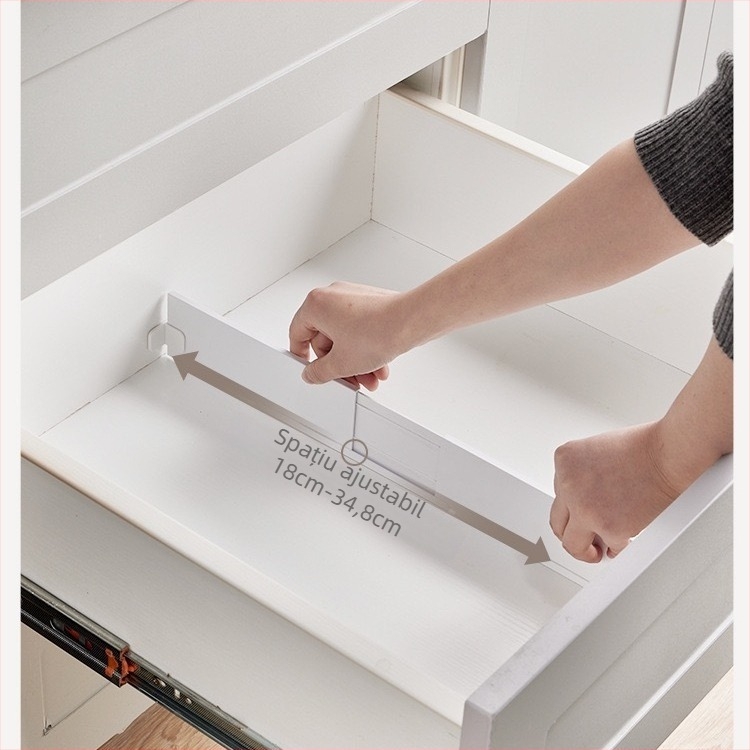 Organizator plastic pentru sertarul de bucătărie cu separator telescopic, stil japonez, 1 strat, instalare cu ventuză pe perete, Mai Qi