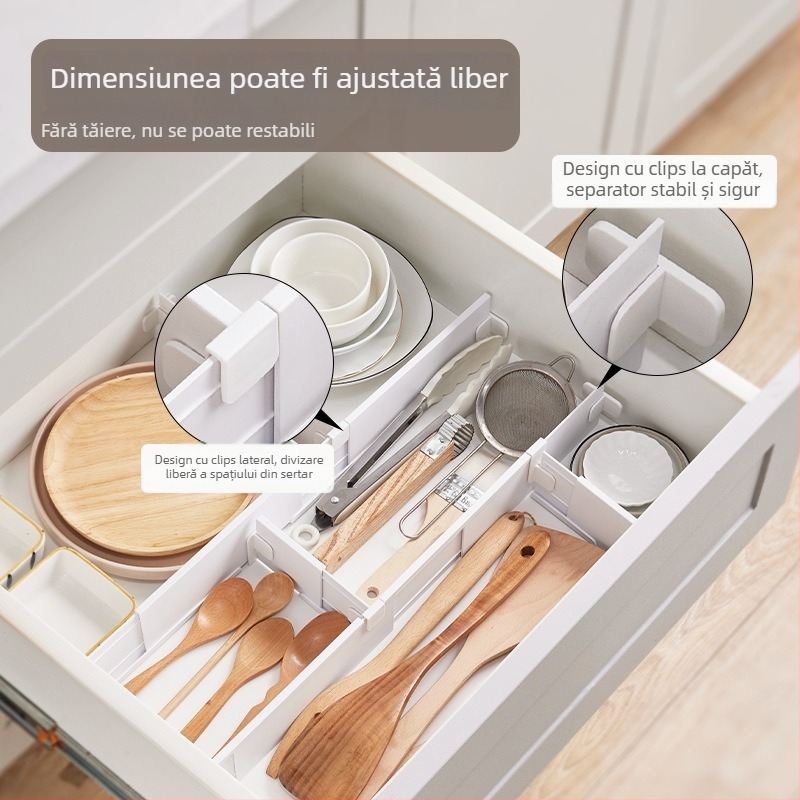 Organizator plastic pentru sertarul de bucătărie cu separator telescopic, stil japonez, 1 strat, instalare cu ventuză pe perete, Mai Qi