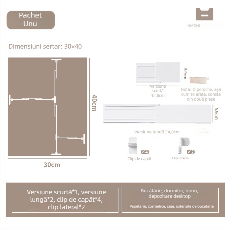 Organizator plastic pentru sertarul de bucătărie cu separator telescopic, stil japonez, 1 strat, instalare cu ventuză pe perete, Mai Qi