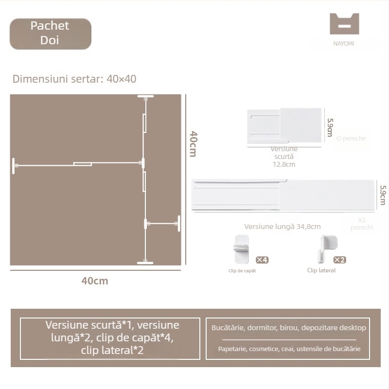 Organizator plastic pentru sertarul de bucătărie cu separator telescopic, stil japonez, 1 strat, instalare cu ventuză pe perete, Mai Qi