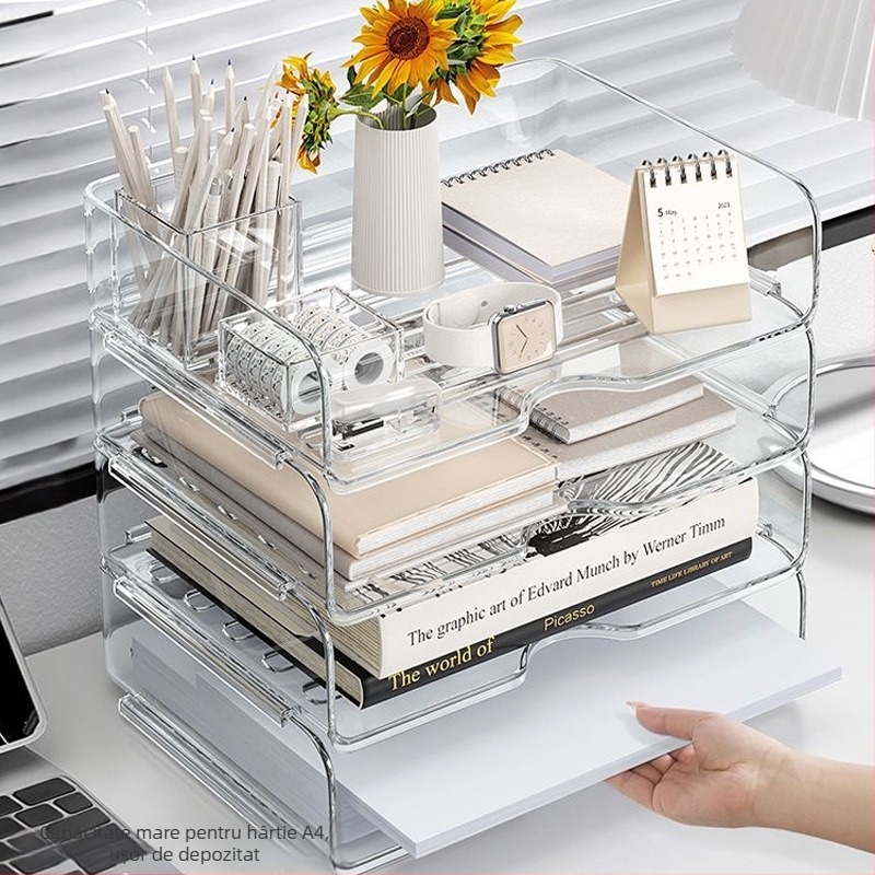 Cutie organizator de birou, stivuibilă, pentru documente A4, material PET, capacitate 12 L
