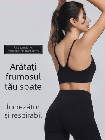Sutien sport cu bretele subțiri, cupă completă cu formă subțire, bretele fixe duble, material principal 80% nylon / 20% spandex, căptușeală: spandex