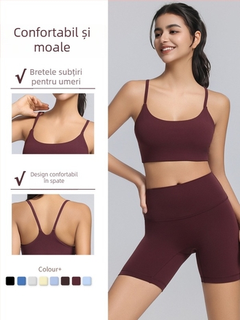Sutien sport cu bretele subțiri, cupă completă cu formă subțire, bretele fixe duble, material principal 80% nylon / 20% spandex, căptușeală: spandex