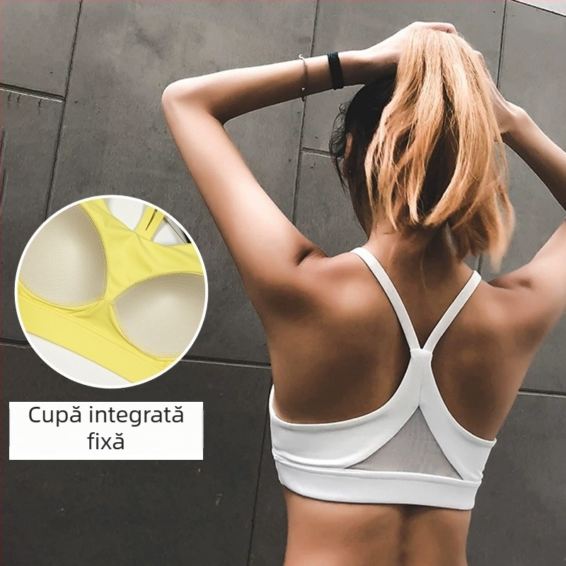 Anran sutien sport din nailon, uscare rapidă, cupe 3/4, bretele duble fixe, design lucios, pentru alergare și fitness