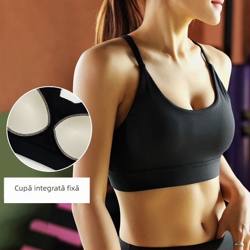 Anran sutien sport din nailon, uscare rapidă, cupe 3/4, bretele duble fixe, design lucios, pentru alergare și fitness