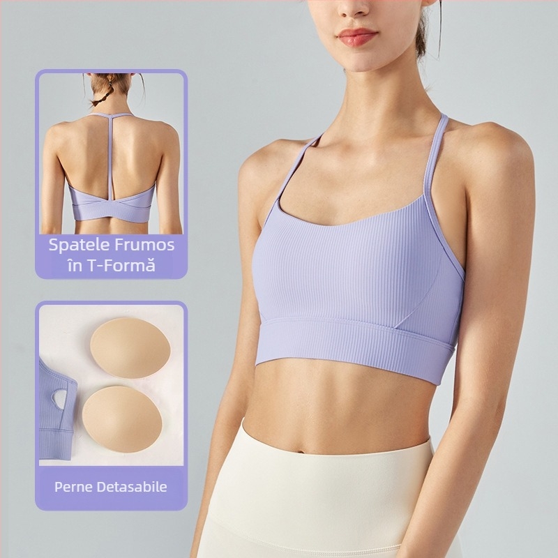Sutien sport halter pentru yoga, cupă 3/4 cu inserție, material principal Nylon 75% / Spandex 25%, bretele fixe dublu