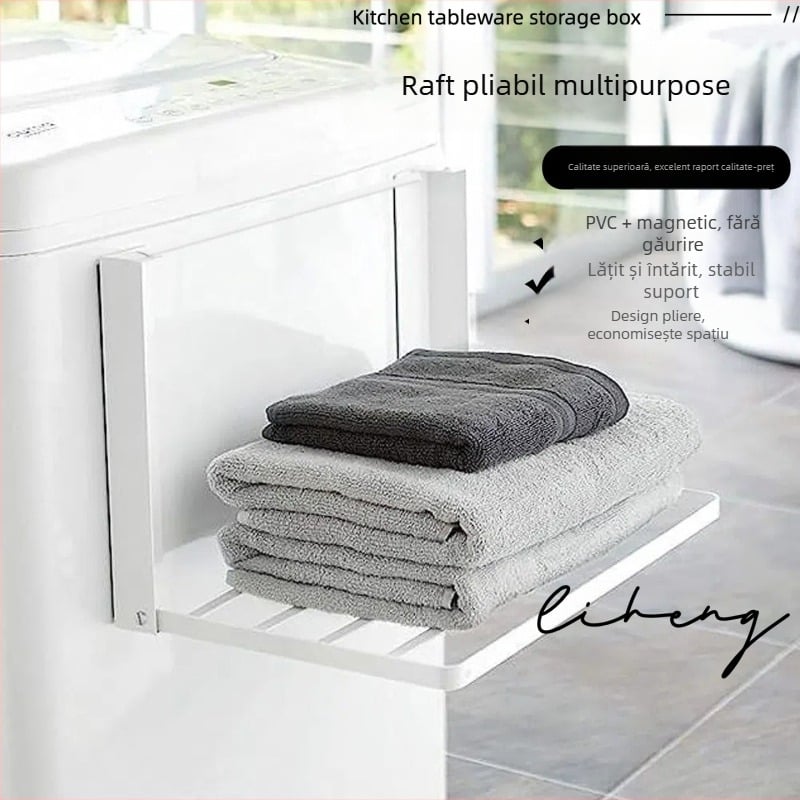 Raft magnetic pliabil pe perete pentru mașina de spălat și frigider, fără instalare, din fier, 1 etaj, stil modern minimalist, potrivit pentru baie și spațiul de spălat