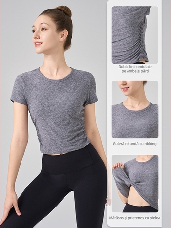 Top de yoga NS rib, super-elastic, 80% nylon, 20% spandex, mâneci scurte, lungime până la abdomen