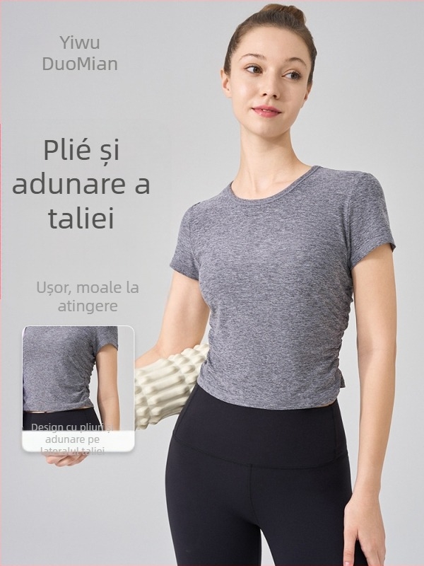 Top de yoga NS rib, super-elastic, 80% nylon, 20% spandex, mâneci scurte, lungime până la abdomen