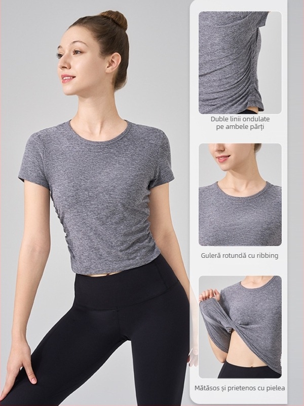 Top de yoga NS rib, super-elastic, 80% nylon, 20% spandex, mâneci scurte, lungime până la abdomen