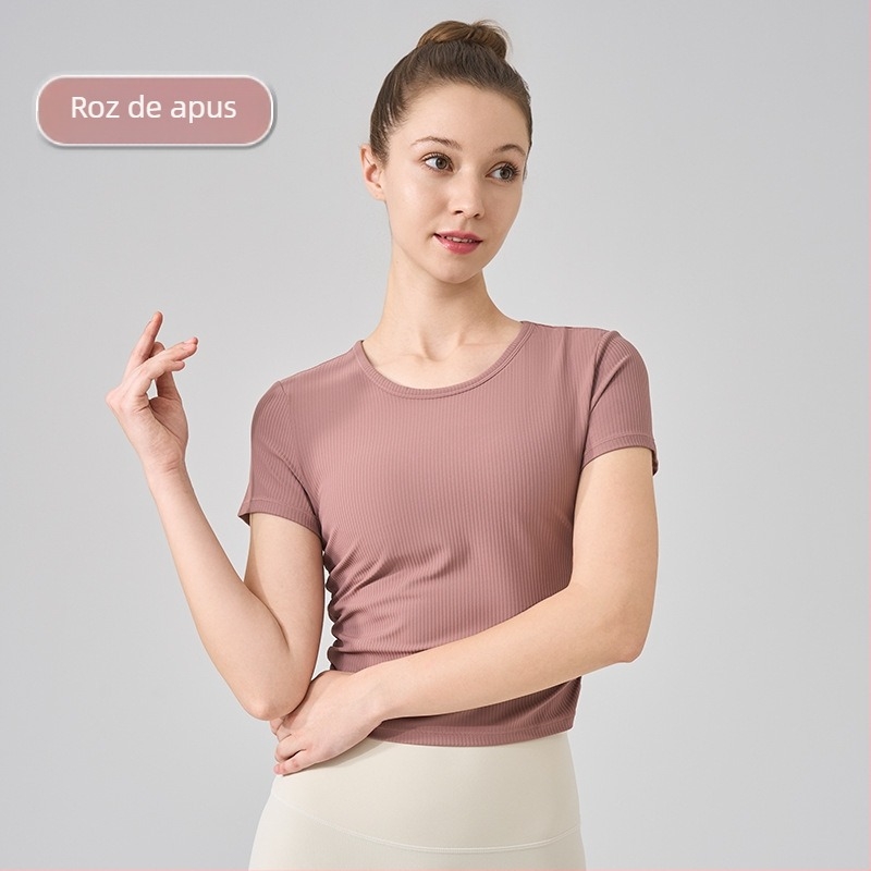 Top de yoga NS rib, super-elastic, 80% nylon, 20% spandex, mâneci scurte, lungime până la abdomen