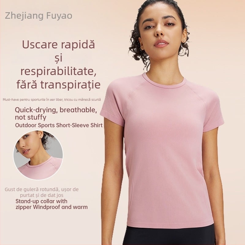 Tricou de yoga pentru exterior pentru femei: respirabil, foarte elastic și uscare rapidă; material din amestec de fibre chimice; compoziție: 63% nylon + 37% poliester; mânecă scurtă; croială slim; lungime până la șold; pentru femei.