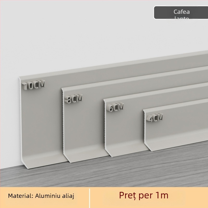 Plintă din aluminiu autoadezivă – montare fără găuri, fixare cu adeziv, stil plat modern minimalist