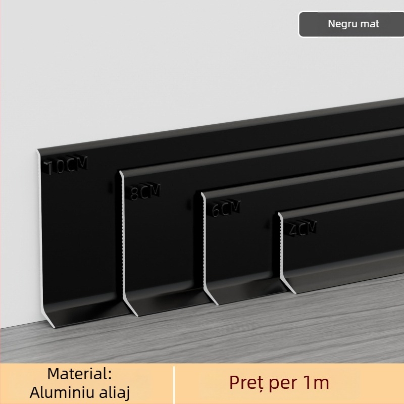 Plintă din aluminiu autoadezivă – montare fără găuri, fixare cu adeziv, stil plat modern minimalist